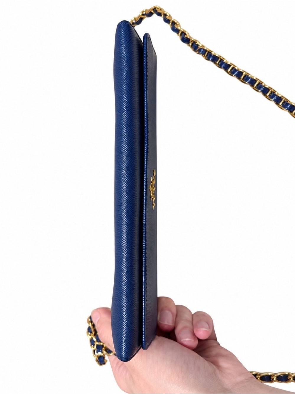 Prada Blue Saffiano Leather Chain Clutch with Gold Chain - Picture 3 of 7
